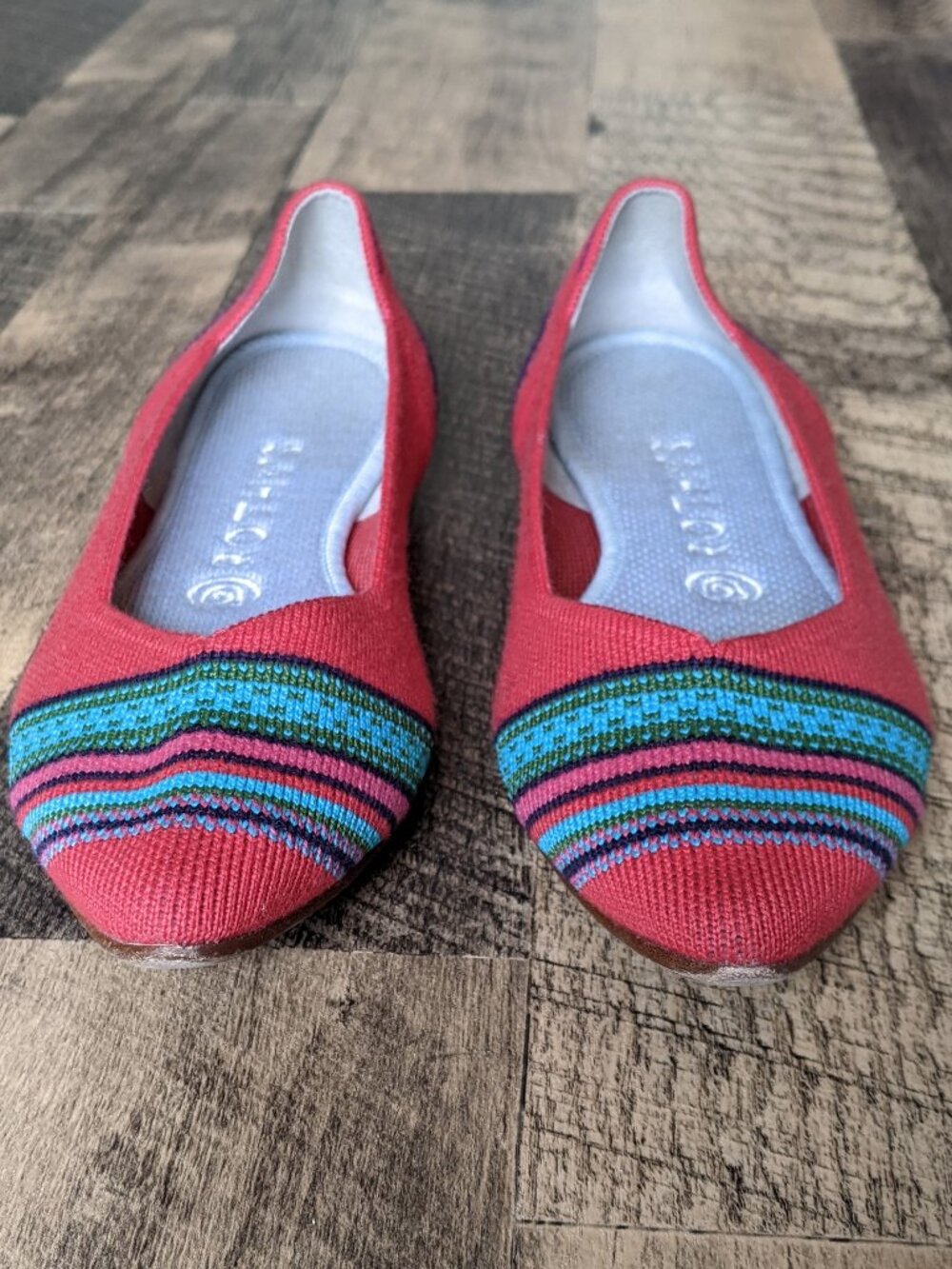 Rothy's Coral Pink Knit Pointed Toe Flats with Turquoise & Green Stripes - Picture 5 of 8